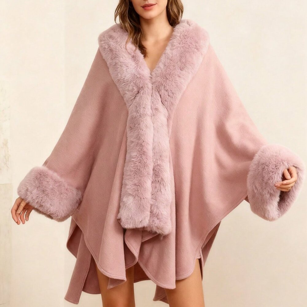 Pink Elegant Women's Warm Soft Faux Fur Shawl Poncho - Picture 2 of 5